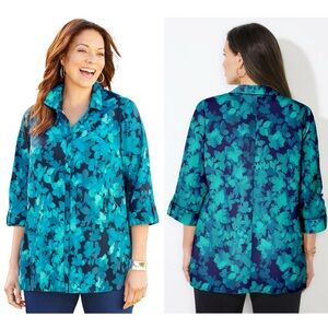 Catherines 2X Blue Green Floral Button Front Blouse Plus Size Roll Tab Top